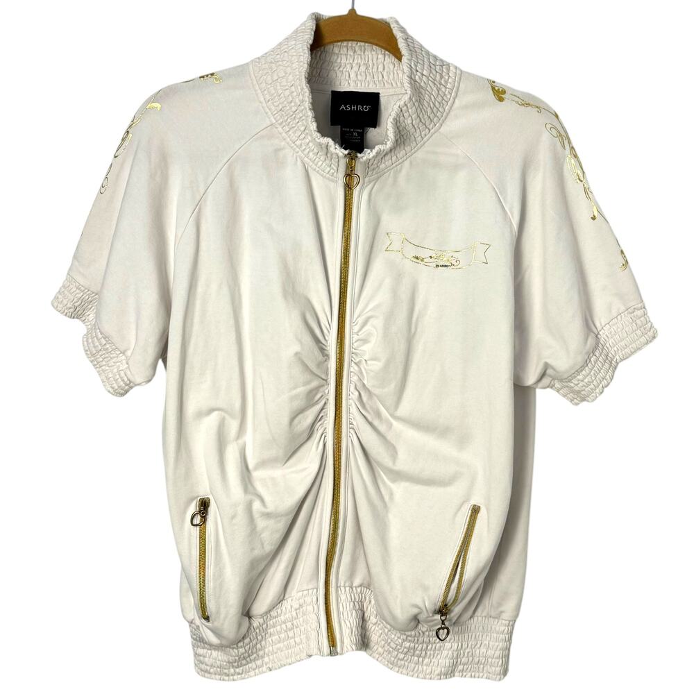 Ashro Short-Sleeve Full Zip Shirred Front Bomber Jacket Top